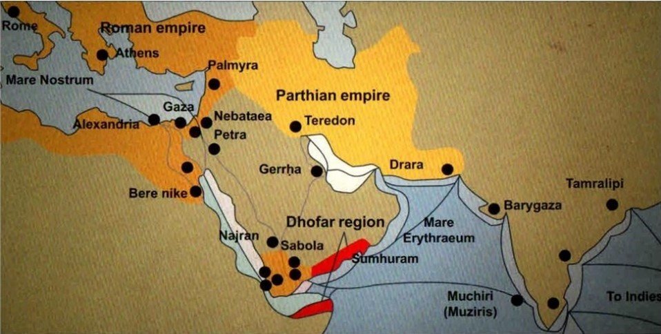 Muziris in a 1st century A.D. map, showing Muchiri (Muziris) on the Malabar coast alongside the Roman and Parthian empires and the Arabian sea trade routes